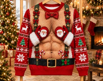 Funny Christmas Sweater, Men's Ugly Xmas Pullover, Santa Belt Holiday Sweatshirt, Gingerbread Reindeer Winter Party Novelty Gift for Him