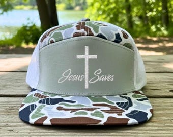 Jesus Saves Camo Trucker Hat, Embroidered Snapback, Cross Baseball Cap