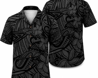 Black Polynesian Hawaiian Shirt, Tribal Plumeria Aloha Shirt, Island Button Up, Tropical Beach Shirt, Summer Vacation Gift for Men