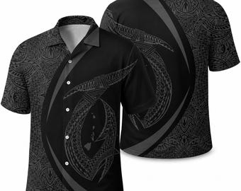 Black Polynesian Hawaiian Shirt, Tribal Spear Aloha Shirt, Maori Warrior Button Up, Hawaiian Island Shirt, Gift for Men