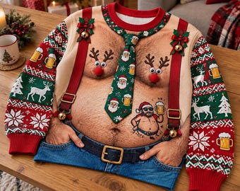 Funny Ugly Christmas Sweater, Men's Holiday Xmas Pullover, Reindeer Santa Beer Theme Sweater, Novelty Christmas Party Outfit, Winter Gift