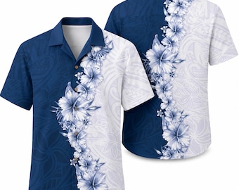 Blue White Hawaiian Shirt, Hibiscus Aloha Shirt, Polynesian Tribal Floral Shirt, Tropical Beach Button Up, Island Vacation Gift for Men