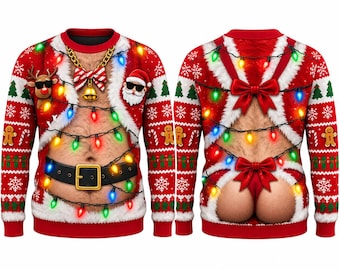 Funny Santa Christmas Sweater, Men's Ugly Xmas Sweatshirt, Christmas Lights Holiday Party Pullover, Novelty Christmas Gift for Him