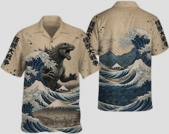 Godzilla Great Wave Hawaiian Shirt, Japanese Kaiju Aloha Shirt, Vintage Ukiyo-e Style Button Up Shirt, Anime Gift for Men