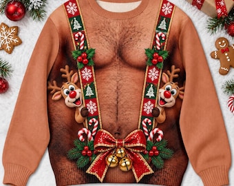 Funny Ugly Christmas Sweater, Reindeer Xmas Pullover, Santa Holiday Sweater, Novelty Christmas Party Outfit, Cute Winter Gift for Men