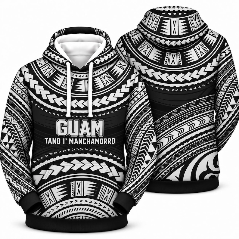Sif Display Guam Chamorro Tribal Hoodie, Black White Island Pullover, Pacific ...
