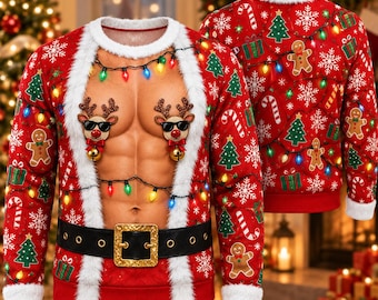 Men's Funny Reindeer Christmas Sweater, Sexy Santa Ugly Xmas Sweatshirt, Holiday Party Pullover, Novelty Gift for Him