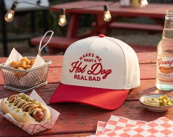 Makes Me Want a Hot Dog Real Bad Hat, Funny Foodie Trucker Hat, Retro Red and Cream Snapback, Summer BBQ Baseball Cap, Cookout Party Gift