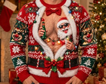 Funny Ugly Christmas Sweater, Santa Beer Reindeer Xmas Sweater, Novelty Holiday Pullover, Christmas Party Outfit, Festive Winter Gift