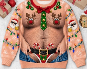 Funny Ugly Christmas Sweater, Pink Reindeer Xmas Sweater, Santa Beer Holiday Pullover, Novelty Christmas Party Outfit, Cute Winter Gift