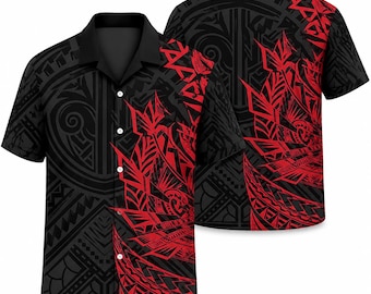 Black Red Polynesian Hawaiian Shirt, Tribal Maori Aloha Shirt, Geometric Tropical Button Up Shirt, Mens Island Beach Vacation Gift
