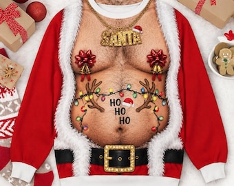 Funny Santa Christmas Sweater, Men's Ugly Xmas Pullover, Ho Ho Ho Reindeer Light Design Holiday Sweatshirt, Novelty Gift for Him