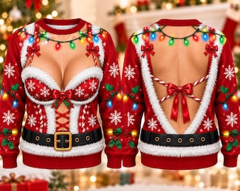 Sexy Mrs Claus Christmas Sweater, Women's Ugly Xmas Sweatshirt, Corset Holiday Party Pullover, Funny Christmas Gift for Her