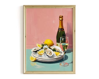 Oyster Champagne Still Life Art Print, Elegant Kitchen Contemporary Artwork