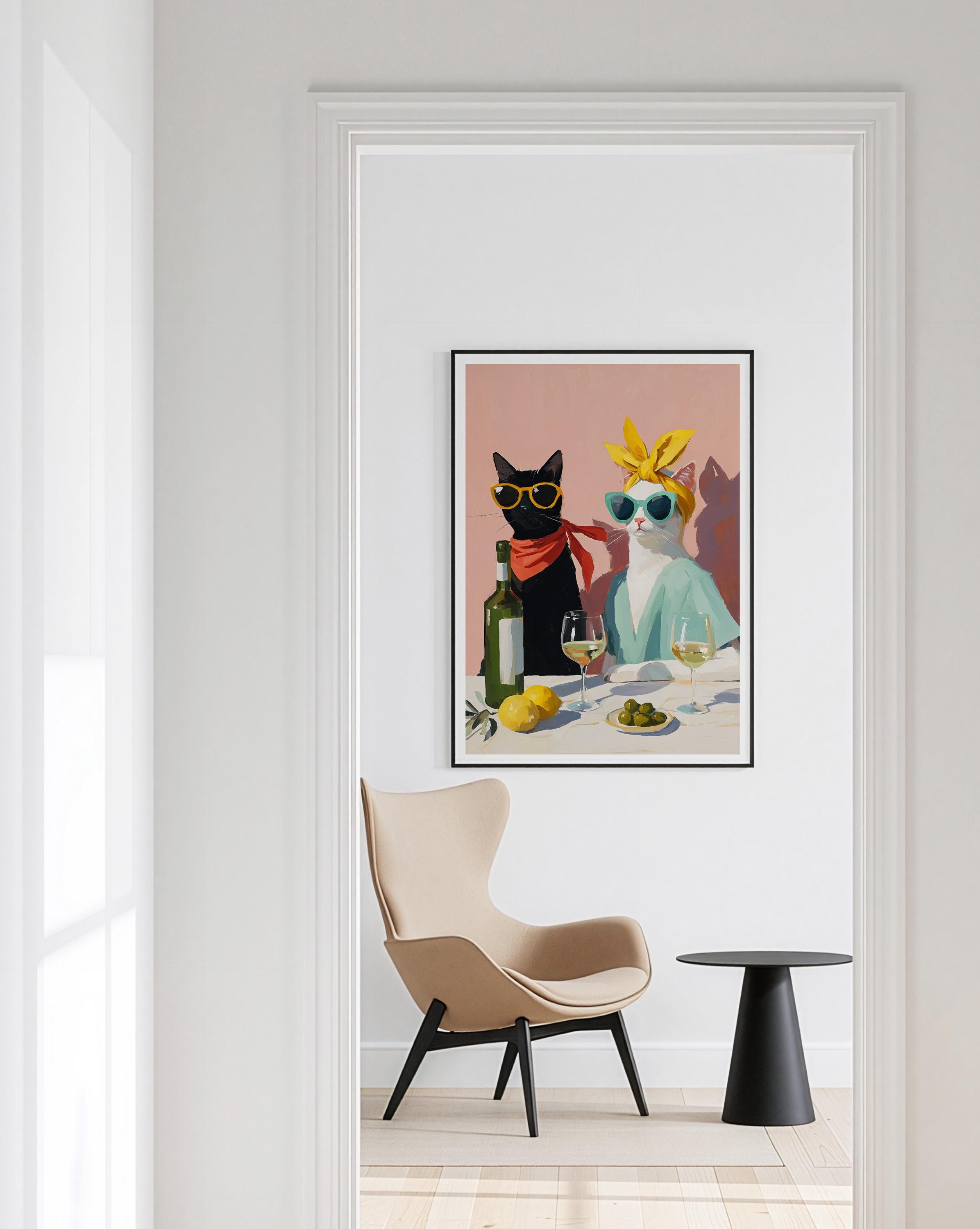 Cat Wine Party Art Print, Whimsical Mediterranean Decor - Etsy