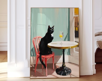 Impression d'art de scène de café de chat noir, affiche d'animal moderne (téléchargement numérique)