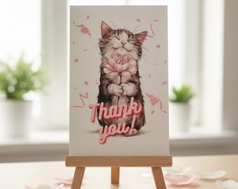 Cat Thank You Card – Holding Flower, Sweet Appreciation Card