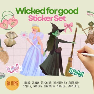 May include: A sticker set with the text "Wicked for good" featuring illustrations of Glinda, Elphaba, and other themed elements. The set includes 38 hand-drawn stickers inspired by spells and witchy charm.