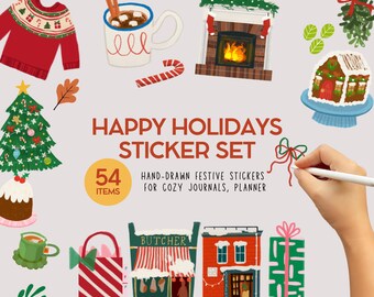 Holiday Digital Sticker Set | Hand-drown Christmas clipart PNG Bundle | GoodNotes Stickers