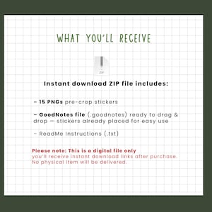 May include: A digital file download graphic with the text "WHAT YOU'LL RECEIVE" and "Instant download ZIP file includes:" listing 15 PNG stickers, a GoodNotes file, and ReadMe instructions. The text also states this is a digital file.