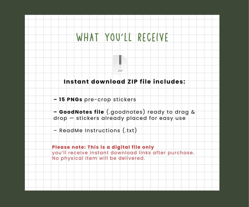 May include: A digital file download graphic with the text "WHAT YOU'LL RECEIVE" and "Instant download ZIP file includes:" listing 15 PNG stickers, a GoodNotes file, and ReadMe instructions. The text also states this is a digital file.