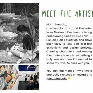 May include: Black and white image featuring an artist sketching outdoors, with text that reads "MEET THE ARTIST". The text introduces the artist, Teepaka, a watercolor artist and illustrator from Thailand, and mentions her artwork on Instagram.