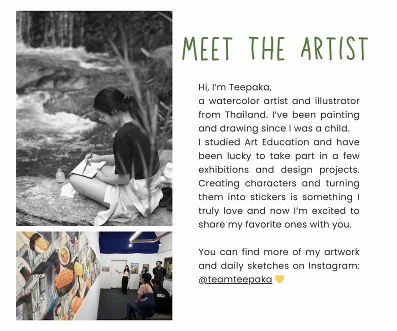 May include: Black and white image featuring an artist sketching outdoors, with text that reads "MEET THE ARTIST". The text introduces the artist, Teepaka, a watercolor artist and illustrator from Thailand, and mentions her artwork on Instagram.