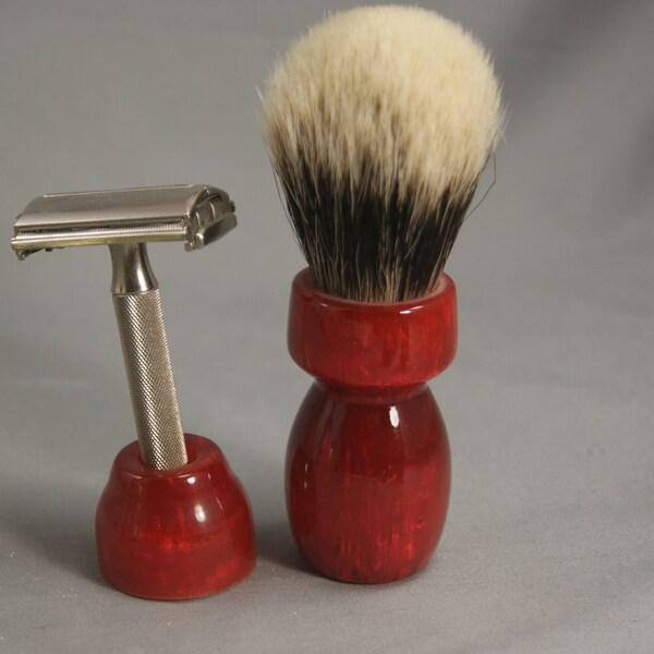 Shaving Brush with matching razor stand.  Seeing Red, swirls of red.  Silver Tip available.