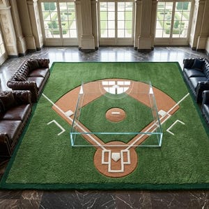 Könnte beinhalten: Ein luxuriöses Wohnzimmer mit einem Baseballfeld-Teppich und einem Couchtisch aus Glas. Vier Ledersofas in Braun und Marineblau sind um den Teppich angeordnet. Der Raum hat große Fenster und einen Marmorboden.