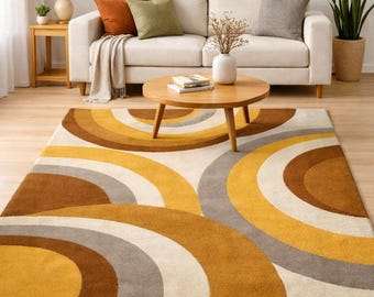 70s Style Sunburst Wool Rug – Hand-Tufted Abstract Geometric Carpet