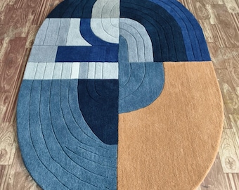 Hand Tufted Wool Oval Rug – Modern Geometric Living Room Carpet (5x8)