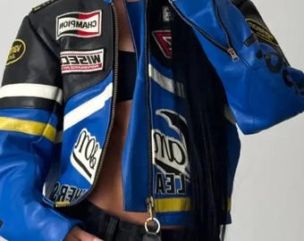 Giacca da corsa in pelle Vanson vintage, toppa da motociclista fatta a mano