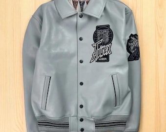 Chaqueta bomber de cuero gris Avirex para hombre, chaqueta motera Twin Dragon