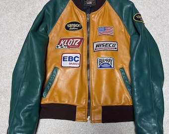 Giacca in pelle Vanson Racing, marrone e verde, bomber da moto retrò