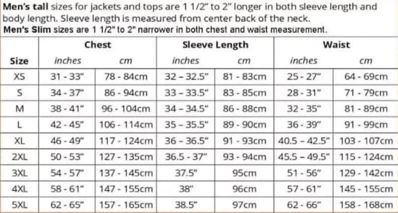 Peut inclure: Tableau des tailles pour vestes et hauts, avec mesures en pouces et cm. Il comprend les tailles de poitrine, de longueur de manche et de taille, de XS &agrave; 5XL. Contient des informations sur les tailles longues et ajust&eacute;es.