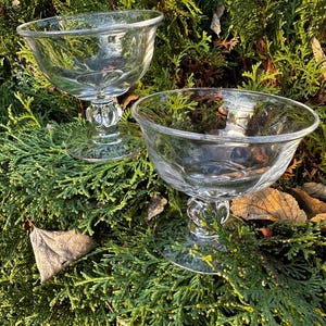 May include: Two clear glass dessert bowls with a pedestal base. The bowls have a rounded shape and are set on green foliage. The stem of each bowl has a decorative, bulbous design.