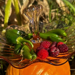 May include: A clear glass serving dish with a decorative stem, filled with green peppers and red raspberries, sits atop an orange pumpkin. The dish has a wavy rim and is set against a natural background.