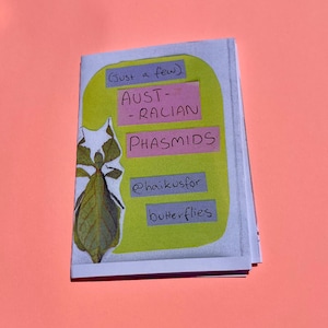 May include: A small, folded booklet with a lime green and white cover, featuring the text "Aust-Ralian Phasmid" and "butterflies." A leaf-like insect illustration is on the left. The background is a solid coral color.