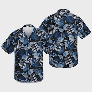Camisa hawaiana de la Línea Azul Delgada de la Policía, regalo de verano para policías, camisa con botones 3D, camisa para vacaciones de verano, atuendo playero, camisa unisex divertida