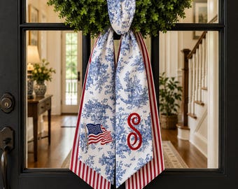 Fascia patriottica personalizzata con monogramma, fiocco con iniziale ricamata, decorazione estiva per il Memorial Day, decorazione per la casa per le festività, regalo di inaugurazione della casa per il 4 luglio