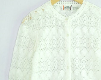 Vintage 1970's White Crochet Lace Cardigan Sweater S/M