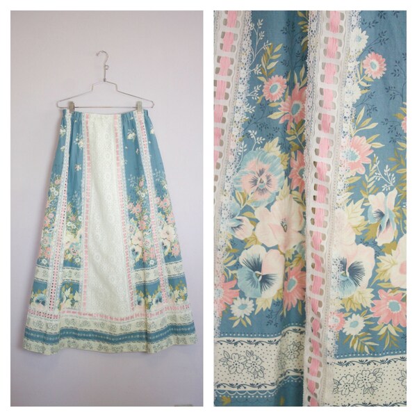 Vintage 1970's Floral + Lace Prairie Maxi Skirt M/L