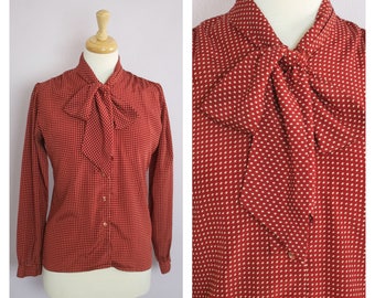 Vintage 1980's Rust Red Polka Dot Bow Tie Blouse M