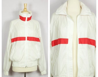 Vintage 1980's White + Red Stripe Windbreaker Jacket S/M