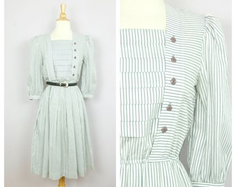 Vintage 1980's Gray + White Pin Stripe Button Front Puff Sleeve Midi Dress S