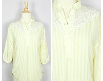 Vintage 1970's Pale Yellow Lace Collar Puff Half Sleeve Blouse S/M