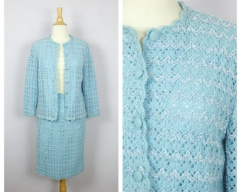 Vintage 1960's Italian Baby Blue Wool Blend Crochet Knit 2 Piece Skirt + Jacket Set S