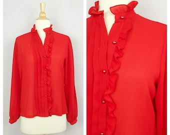 Vintage 1970's Red Semi Sheer Ruffle High Neck Long Puff Sleeve Blouse M