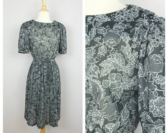Vintage 1980's Black Floral Short Puff Sleeve Belted Dress S
