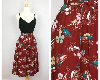 Vintage 1970's Pea Pod Burgundy Floral Belted NWT Midi Skirt S